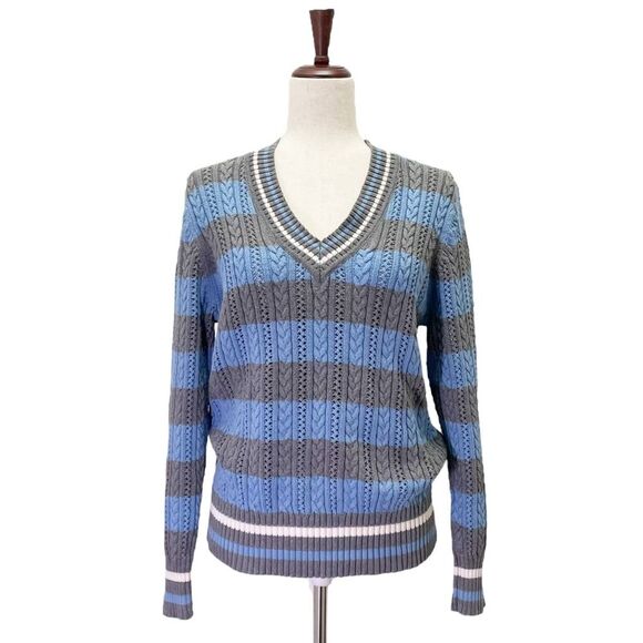 Liz Claiborne Cotton Cable Knit Sweater Size XL Blue Gray Stripe V-Neck VTG - Picture 2 of 12